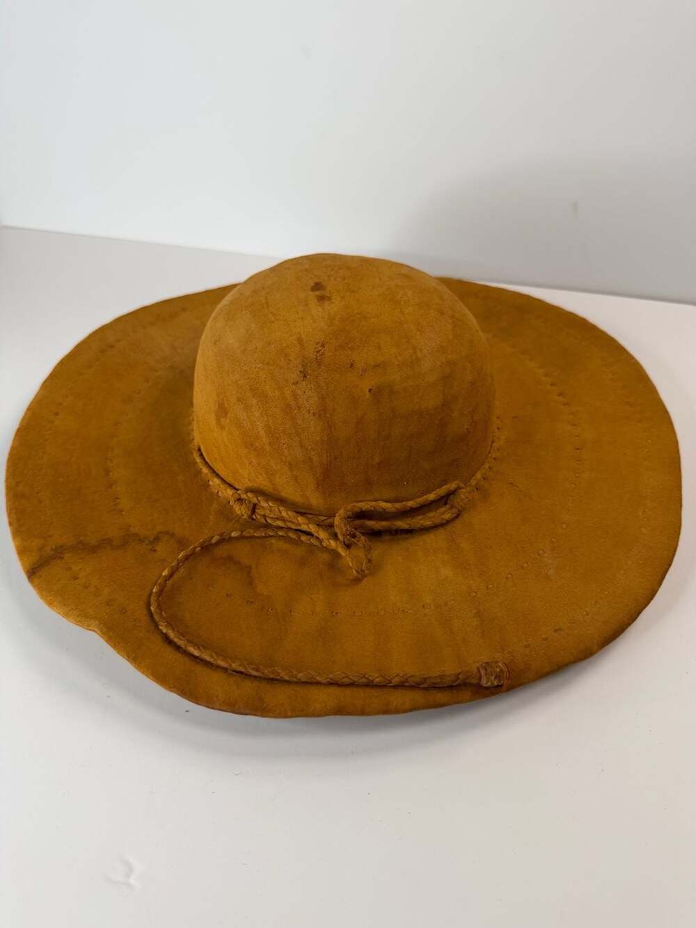 Vintage Mexican Handmade Suede And Straw Wide Brim Sun Hat With Chin Strap